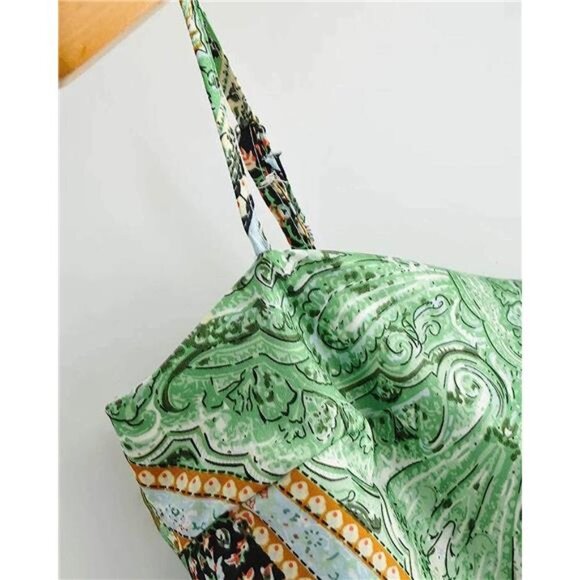 Green Printed Satin Silk Bandana Crop Top Tie Back Triangle Sleeveless Cami Top - Picture 6 of 9